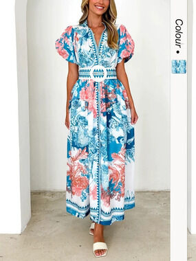 In Stock Summer Stylish Casual Printed Tie Waist Maxi Dress